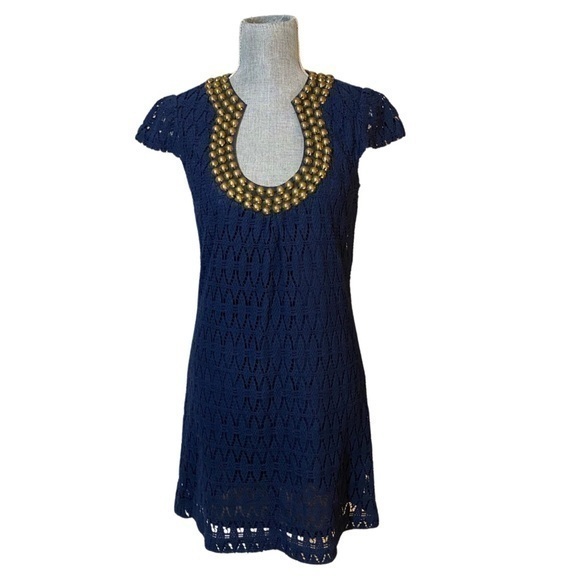 Trina Turk Classic Bonita Backgammon Lace Dress in Navy - Picture 2 of 7